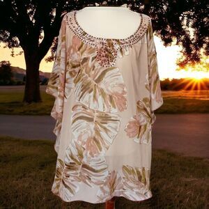 Lane Bryant Sheer Poncho Top Sz 2X 18 20 Beaded Leaf Print Tropical Kimono Flowy